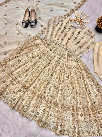 Precious Cream Color Pure Chinon Silk With Sequence Embroidery Work Anarkali Suit