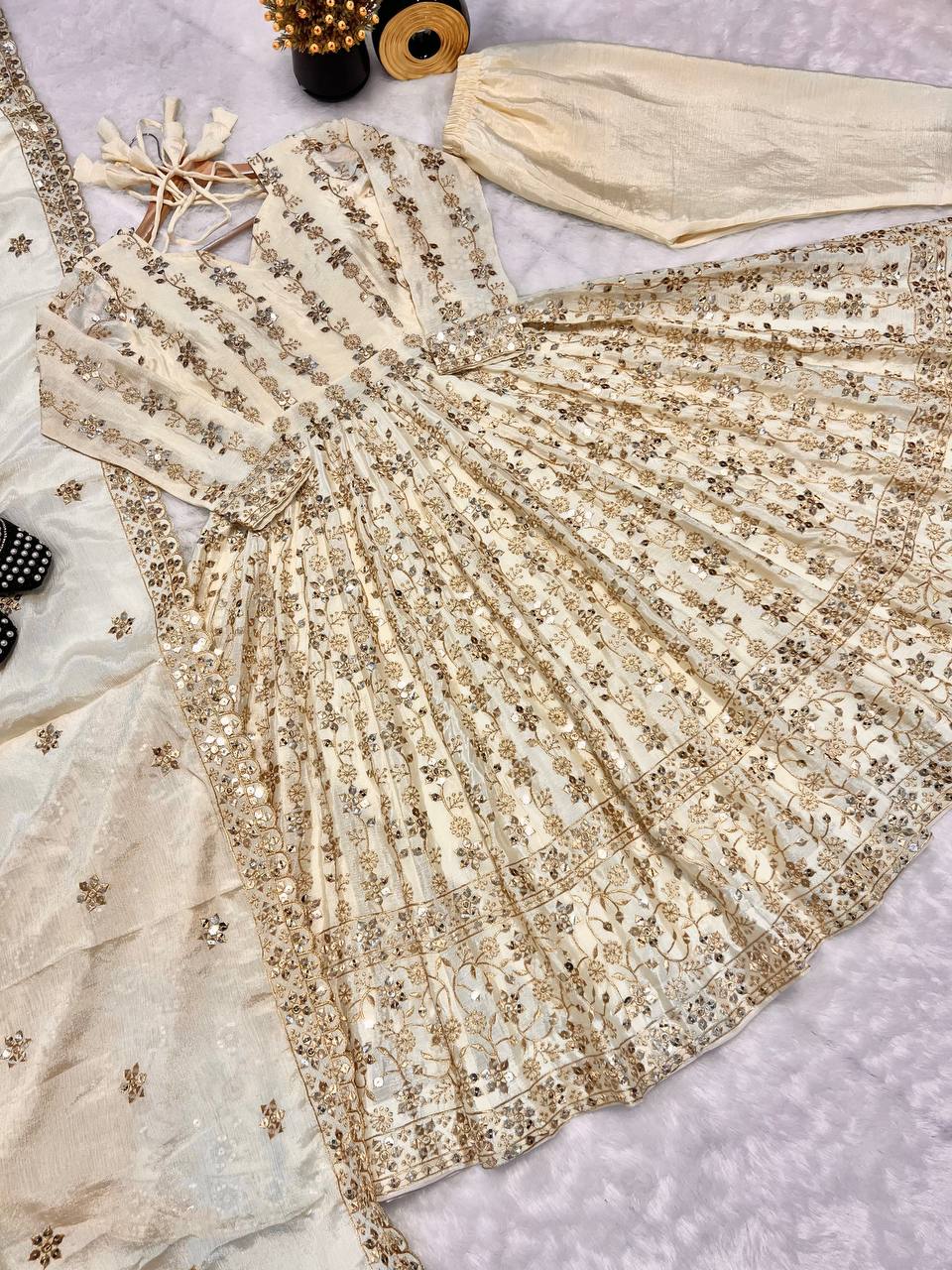 Precious Cream Color Pure Chinon Silk With Sequence Embroidery Work Anarkali Suit