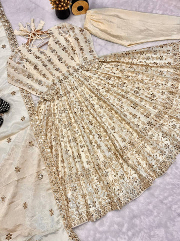 Precious Cream Color Pure Chinon Silk With Sequence Embroidery Work Anarkali Suit