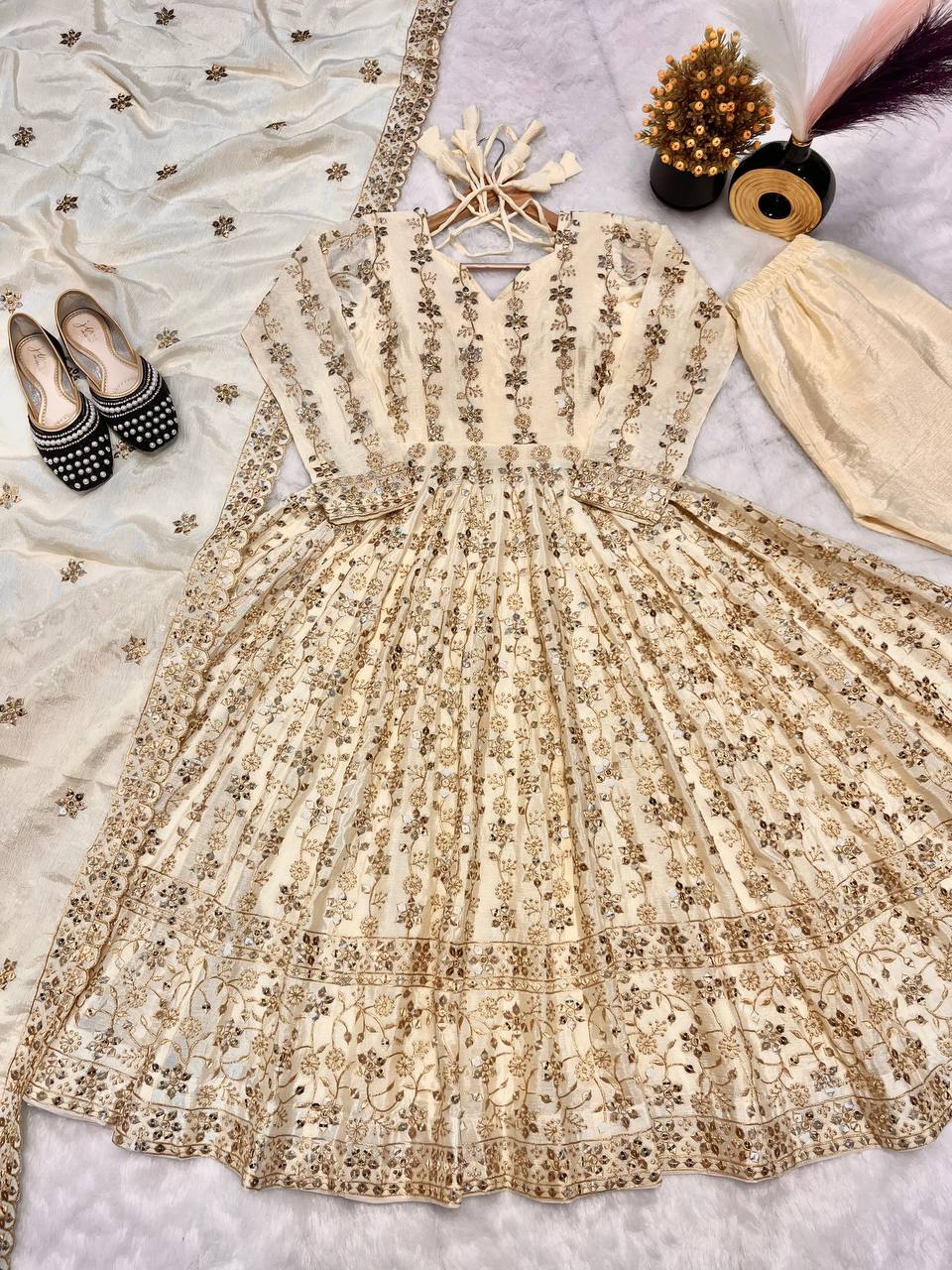 Precious Cream Color Pure Chinon Silk With Sequence Embroidery Work Anarkali Suit