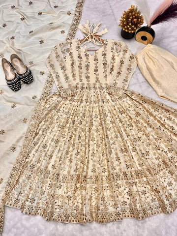 Precious Cream Color Pure Chinon Silk With Sequence Embroidery Work Anarkali Suit