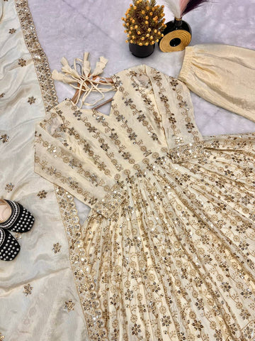 Precious Cream Color Pure Chinon Silk With Sequence Embroidery Work Anarkali Suit