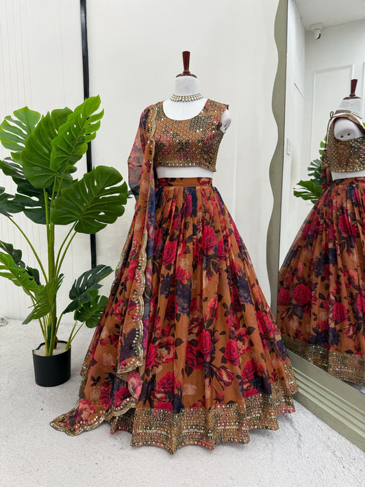 Function Wear Orange Multi Color Tabby Organza With Digital Printed Lehenga Choli