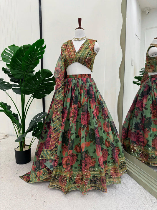 Function Wear Green Multi Color Tabby Organza With Digital Printed Lehenga Choli