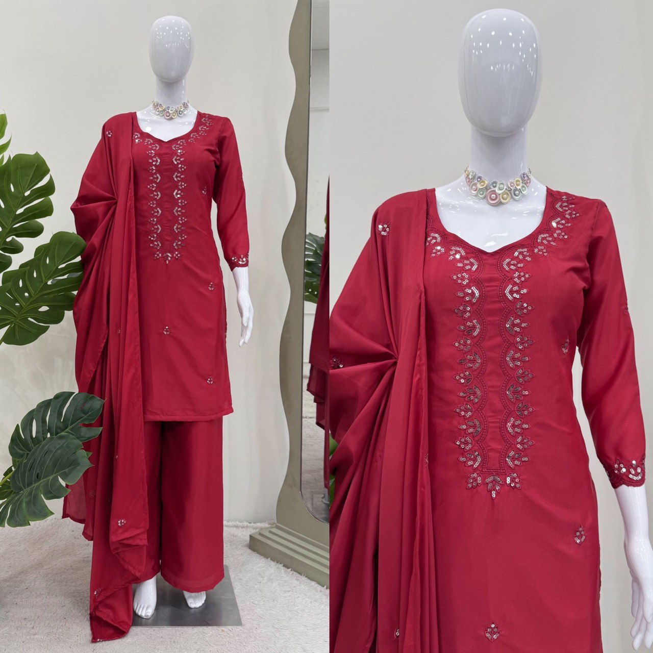 Festive Wear Dark Pink Color Chinon Silk And Thread With Sequence Work Salwar Suit