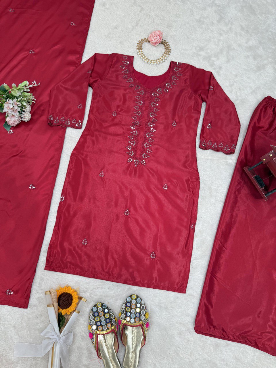 Festive Wear Dark Pink Color Chinon Silk And Thread With Sequence Work Salwar Suit