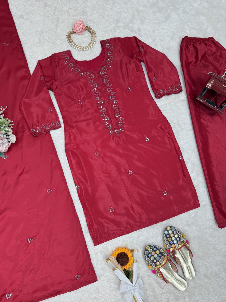 Festive Wear Dark Pink Color Chinon Silk And Thread With Sequence Work Salwar Suit