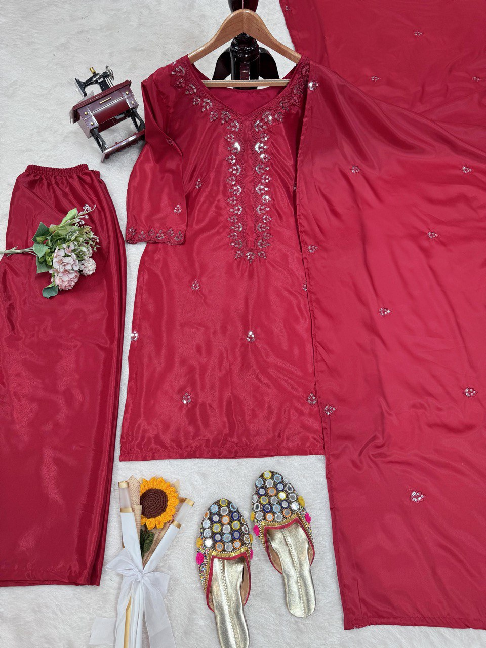 Festive Wear Dark Pink Color Chinon Silk And Thread With Sequence Work Salwar Suit