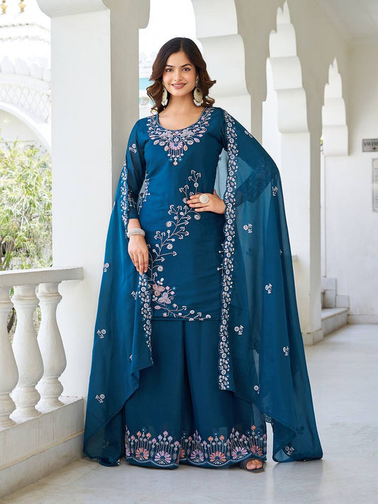 Party Wear Teal Color Star Georgette Moti Work And sequence Embroidery Work Palazzo Suit