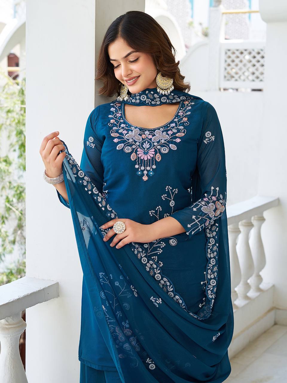 Party Wear Teal Color Star Georgette Moti Work And sequence Embroidery Work Palazzo Suit