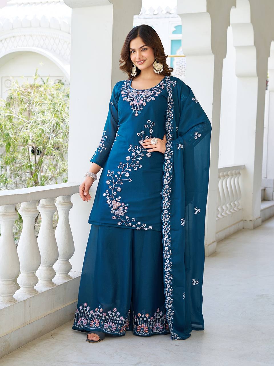 Party Wear Teal Color Star Georgette Moti Work And sequence Embroidery Work Palazzo Suit