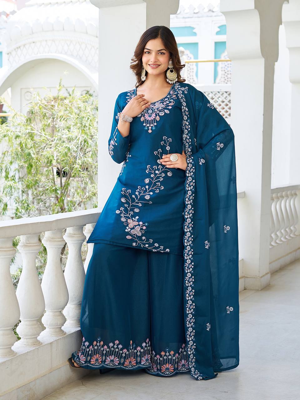 Party Wear Teal Color Star Georgette Moti Work And sequence Embroidery Work Palazzo Suit