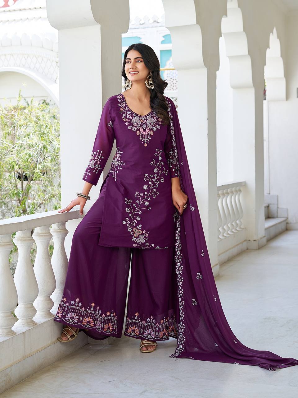 Party Wear Wine Color Star Georgette Moti Work And sequence Embroidery Work Palazzo Suit