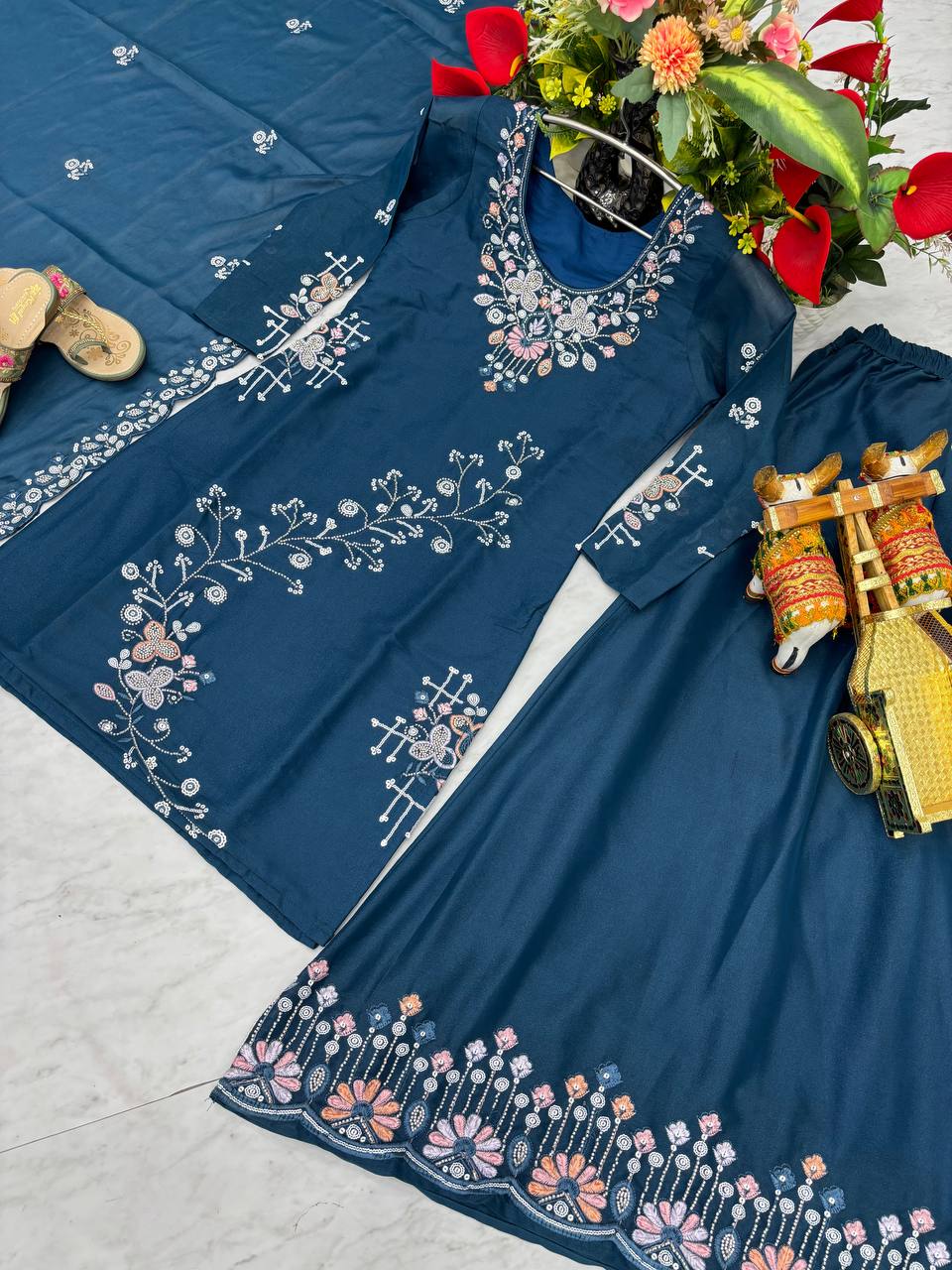 Party Wear Teal Color Star Georgette Moti Work And sequence Embroidery Work Palazzo Suit