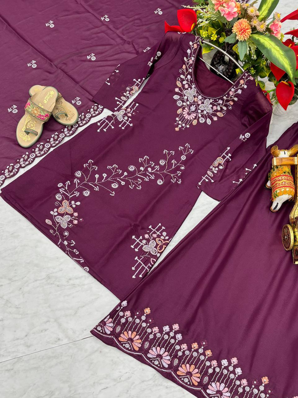 Party Wear Wine Color Star Georgette Moti Work And sequence Embroidery Work Palazzo Suit