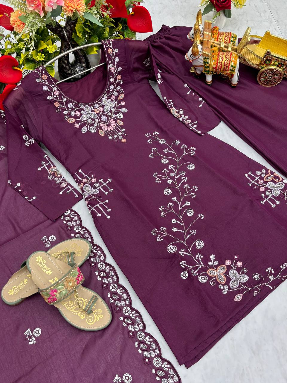Party Wear Wine Color Star Georgette Moti Work And sequence Embroidery Work Palazzo Suit