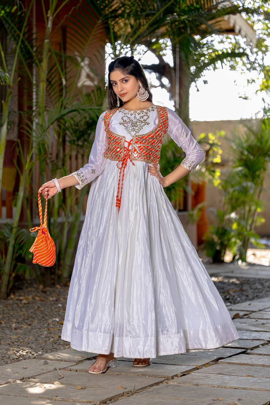 Ceremony Wear Off White Color Pure Chinon With Laheriya Printed Beautiful Gown