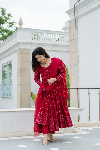 Classic Maroon Color Faux Georgette Fabric With All Over Embroidery Work Anarkali Suit