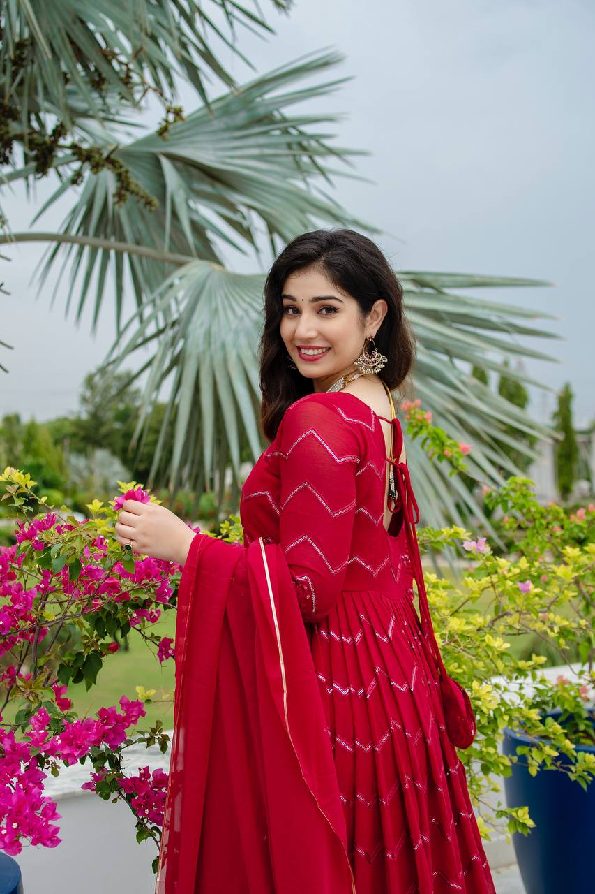 Classic Maroon Color Faux Georgette Fabric With All Over Embroidery Work Anarkali Suit