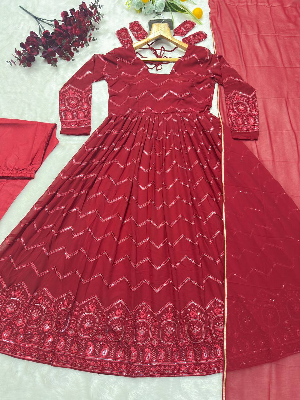 Classic Maroon Color Faux Georgette Fabric With All Over Embroidery Work Anarkali Suit