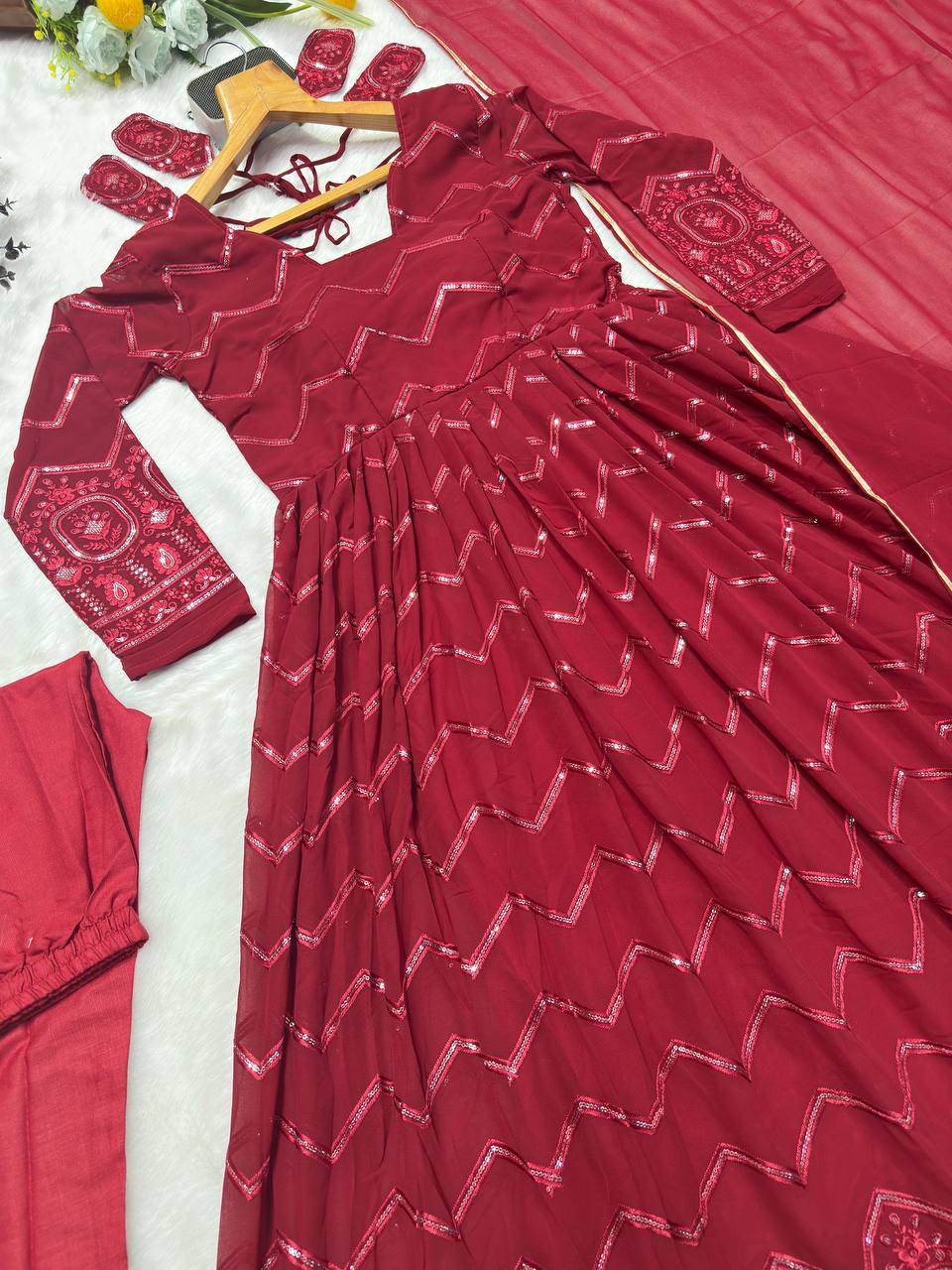 Classic Maroon Color Faux Georgette Fabric With All Over Embroidery Work Anarkali Suit