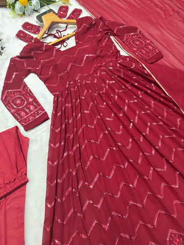 Classic Maroon Color Faux Georgette Fabric With All Over Embroidery Work Anarkali Suit