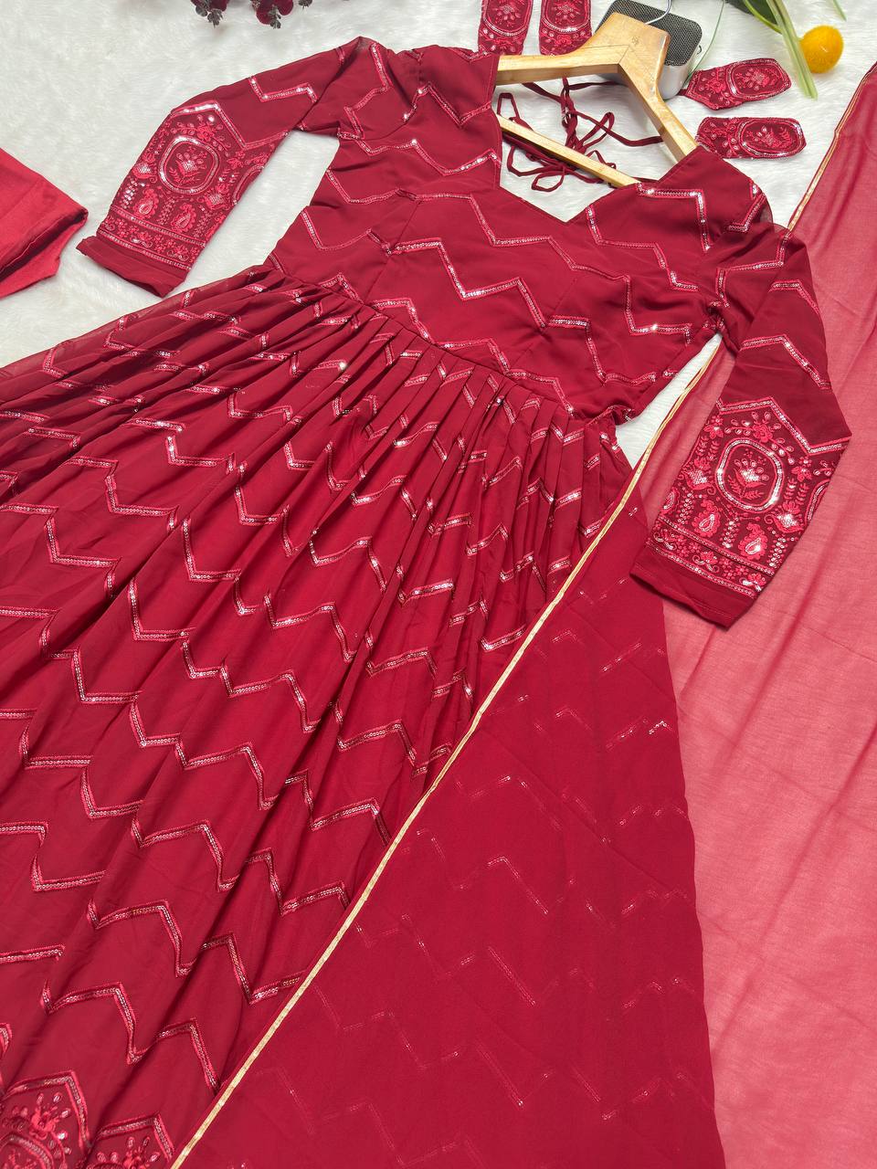 Classic Maroon Color Faux Georgette Fabric With All Over Embroidery Work Anarkali Suit