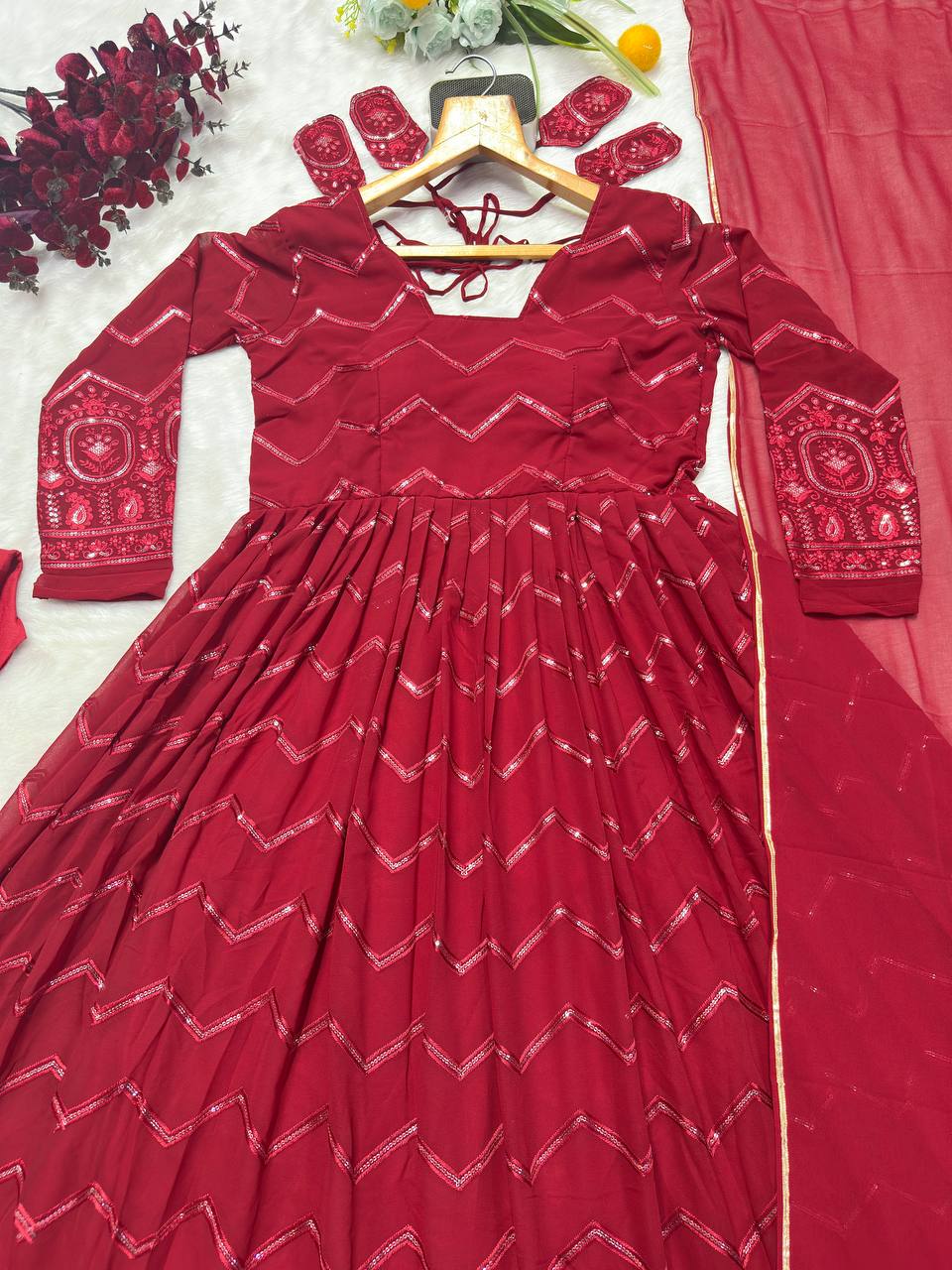 Classic Maroon Color Faux Georgette Fabric With All Over Embroidery Work Anarkali Suit