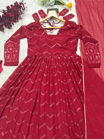 Classic Maroon Color Faux Georgette Fabric With All Over Embroidery Work Anarkali Suit