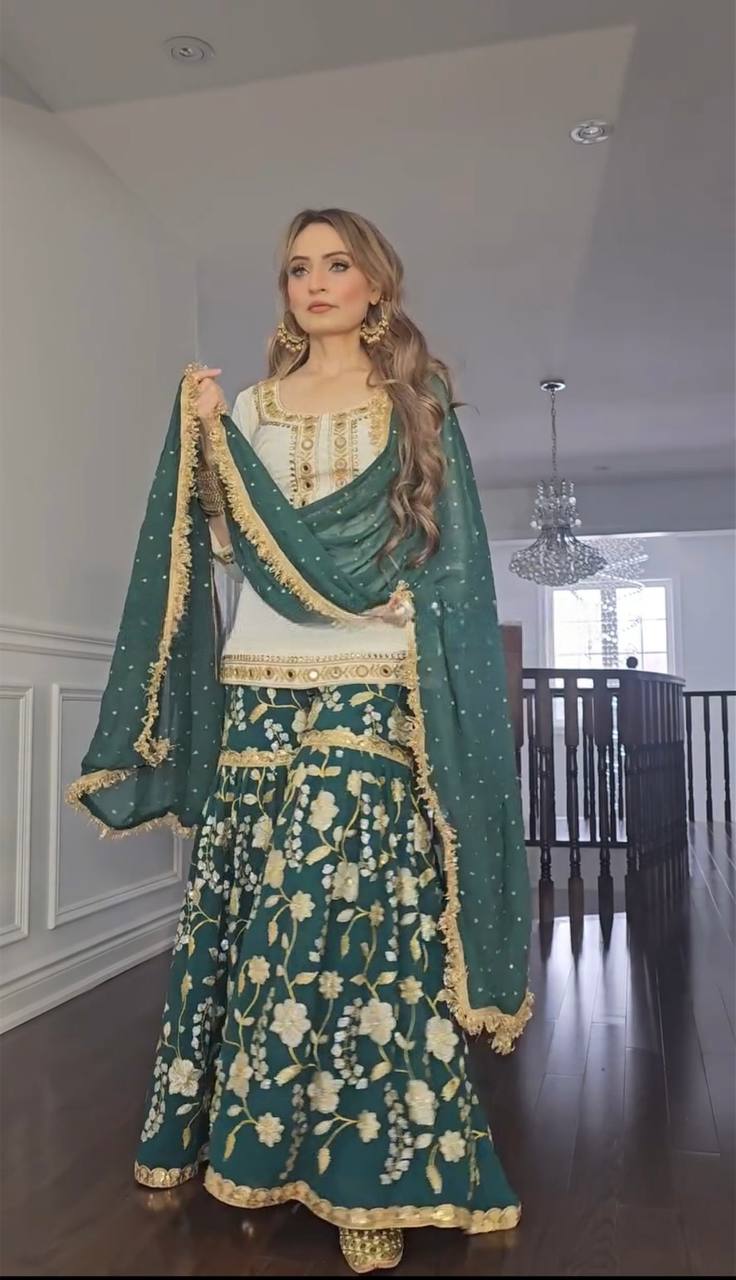 Party Wear White And Green Color Heavy Malay Silk With Embroidery 5mm Sequence Work Sharara Suit