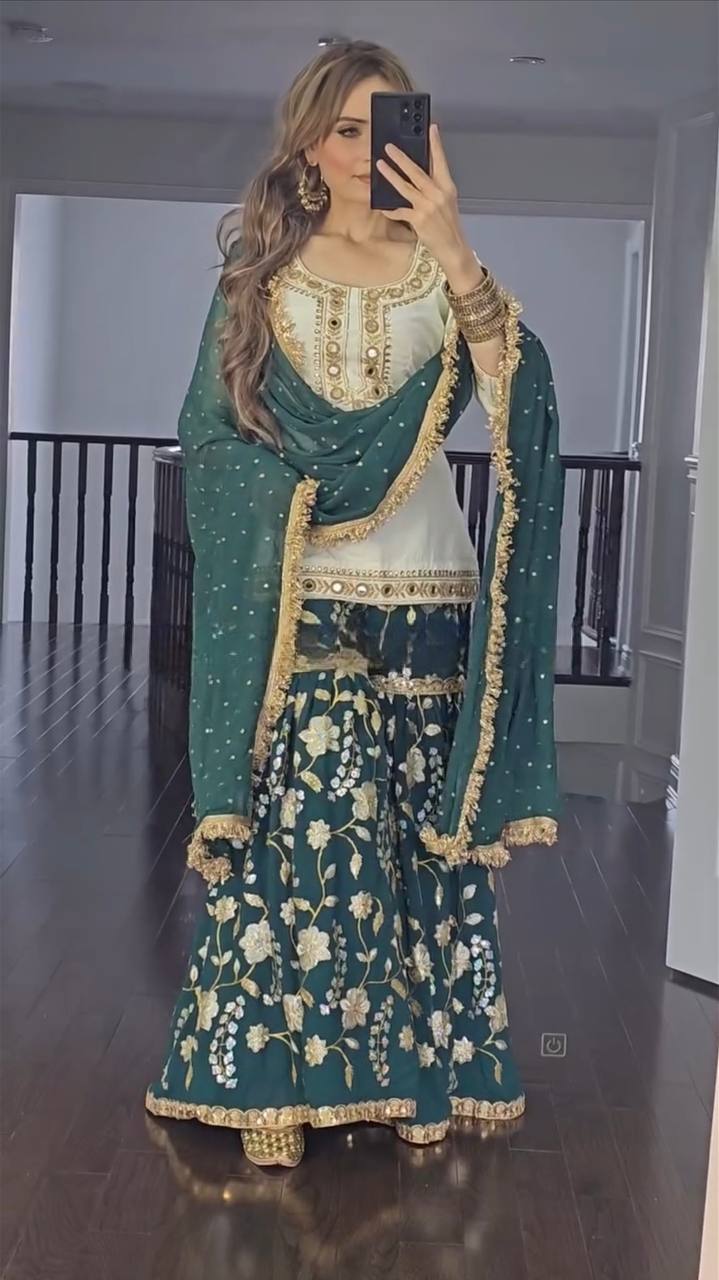 Party Wear White And Green Color Heavy Malay Silk With Embroidery 5mm Sequence Work Sharara Suit