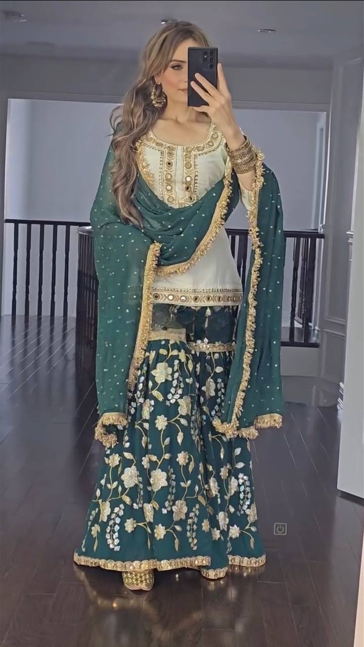 Party Wear White And Green Color Heavy Malay Silk With Embroidery 5mm Sequence Work Sharara Suit