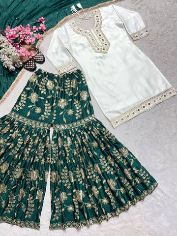 Party Wear White And Green Color Heavy Malay Silk With Embroidery 5mm Sequence Work Sharara Suit