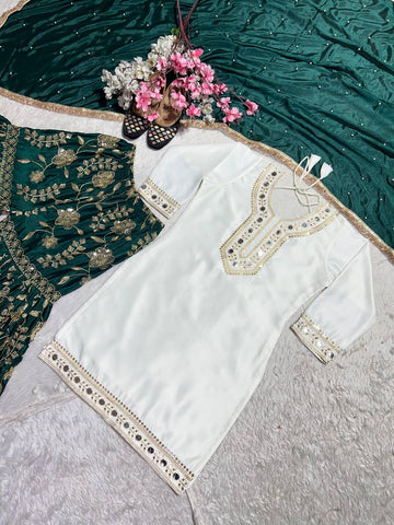 Party Wear White And Green Color Heavy Malay Silk With Embroidery 5mm Sequence Work Sharara Suit