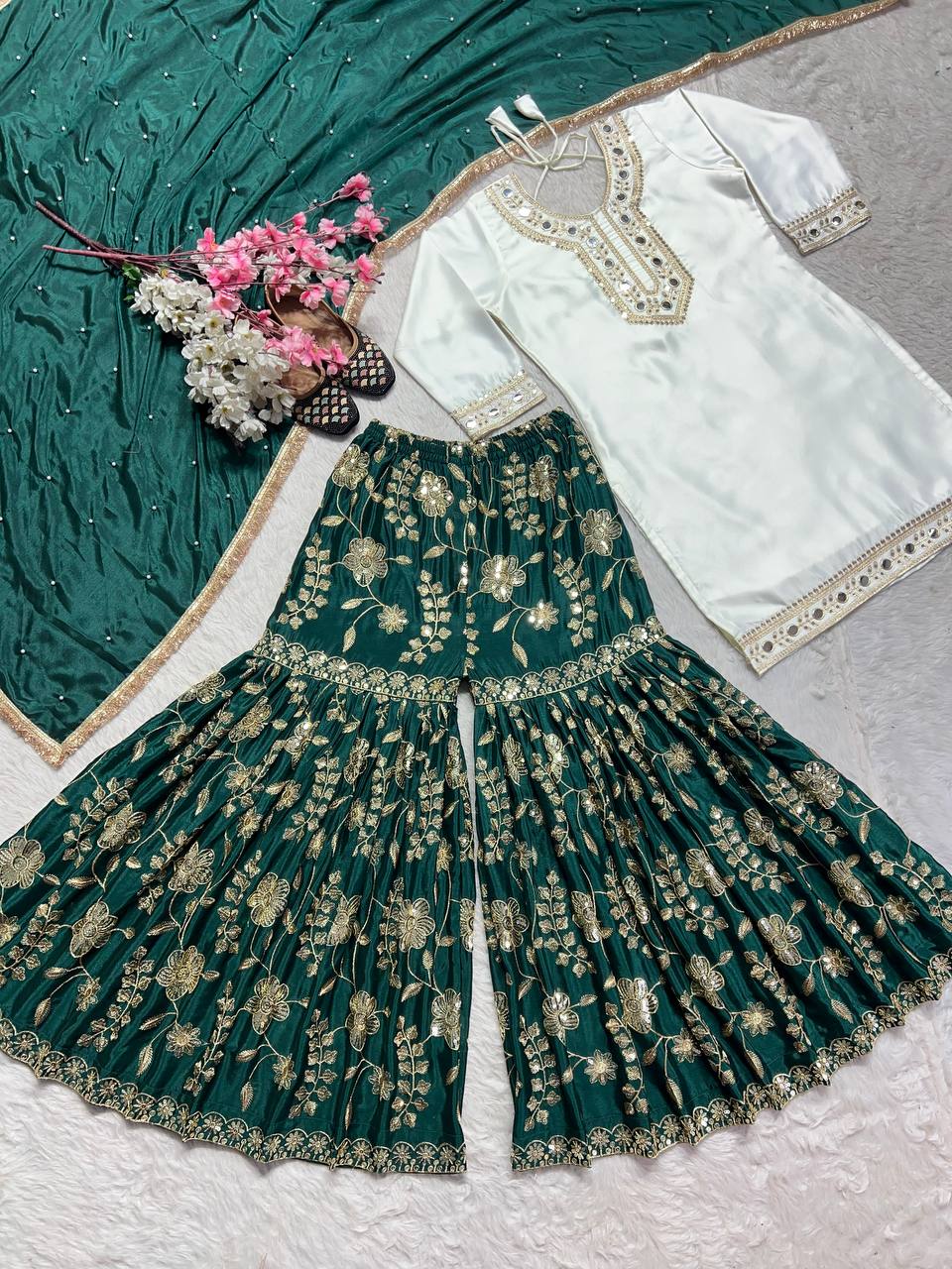 Party Wear White And Green Color Heavy Malay Silk With Embroidery 5mm Sequence Work Sharara Suit