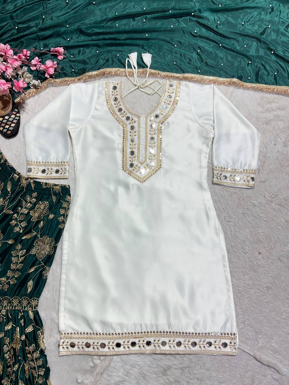 Party Wear White And Green Color Heavy Malay Silk With Embroidery 5mm Sequence Work Sharara Suit