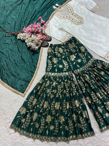 Party Wear White And Green Color Heavy Malay Silk With Embroidery 5mm Sequence Work Sharara Suit