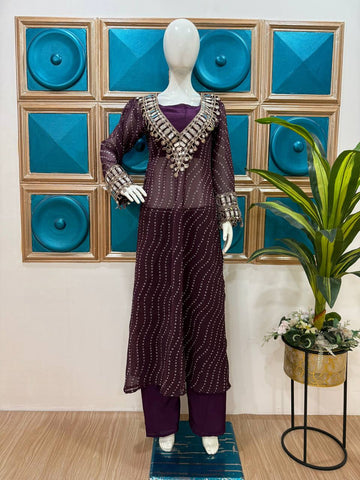 Celebrity Style Wine Color Georgette Digital Print Emroidery And Mirror Work Salwar Suit
