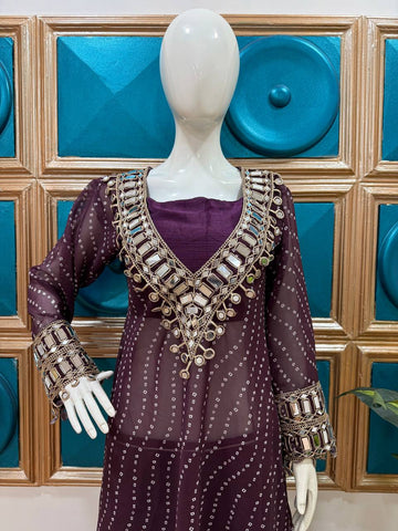 Celebrity Style Wine Color Georgette Digital Print Emroidery And Mirror Work Salwar Suit