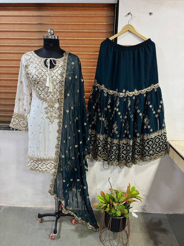 Function Wear White Color Heavy Faux Georgette With Embroidery Sequence Work Sharara Suit