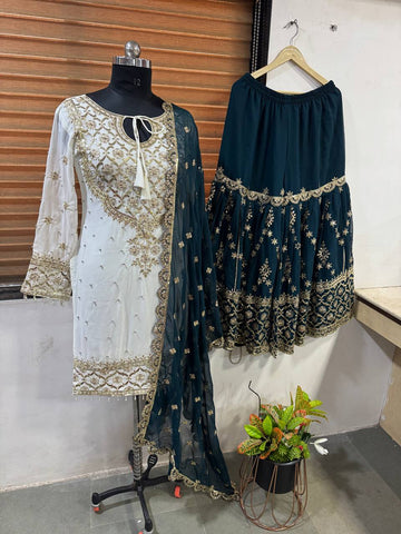 Function Wear White Color Heavy Faux Georgette With Embroidery Sequence Work Sharara Suit