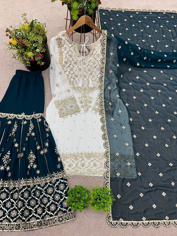 Function Wear White Color Heavy Faux Georgette With Embroidery Sequence Work Sharara Suit