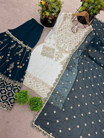 Function Wear White Color Heavy Faux Georgette With Embroidery Sequence Work Sharara Suit
