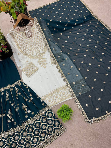 Function Wear White Color Heavy Faux Georgette With Embroidery Sequence Work Sharara Suit