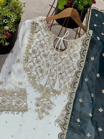 Function Wear White Color Heavy Faux Georgette With Embroidery Sequence Work Sharara Suit