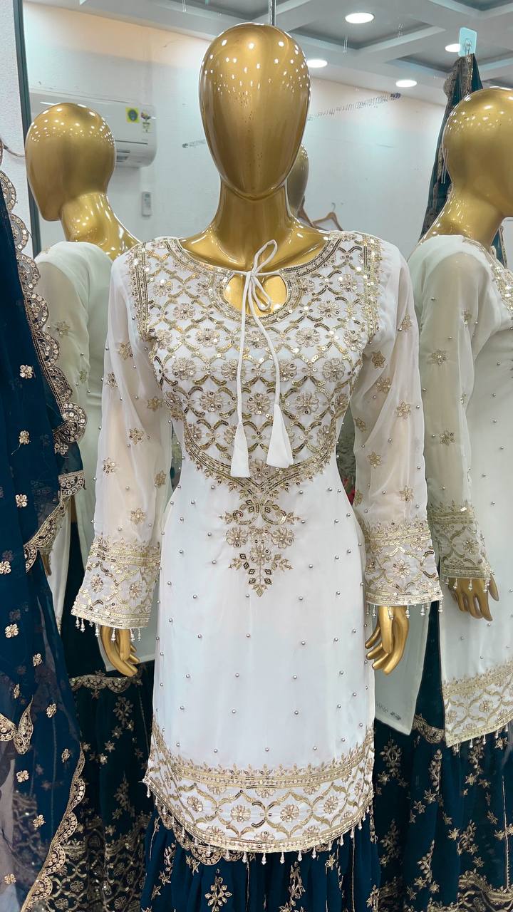 Function Wear White Color Heavy Faux Georgette With Embroidery Sequence Work Sharara Suit