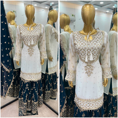 Function Wear White Color Heavy Faux Georgette With Embroidery Sequence Work Sharara Suit