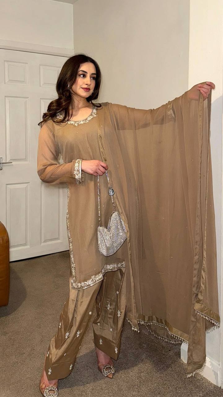 Celebrity Style Brown Color Faux Georgette With Embroidery Work Palazzo Suit