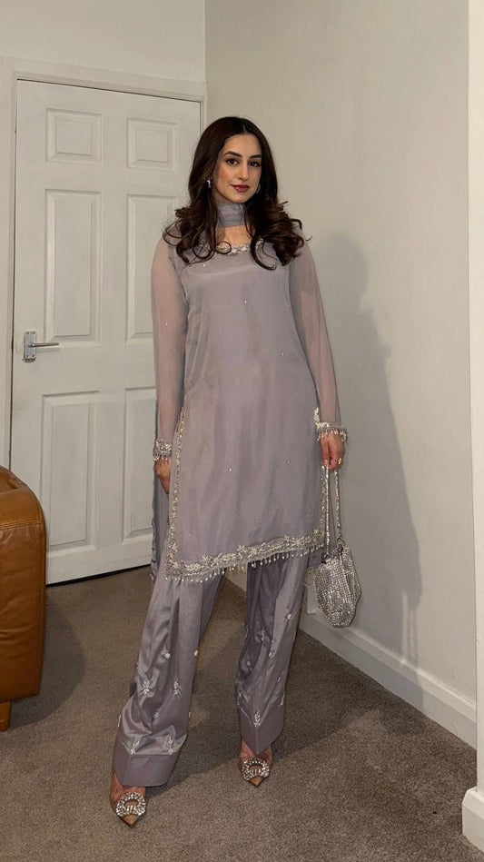 Celebrity Style Grey Color Faux Georgette With Embroidery Work Palazzo Suit