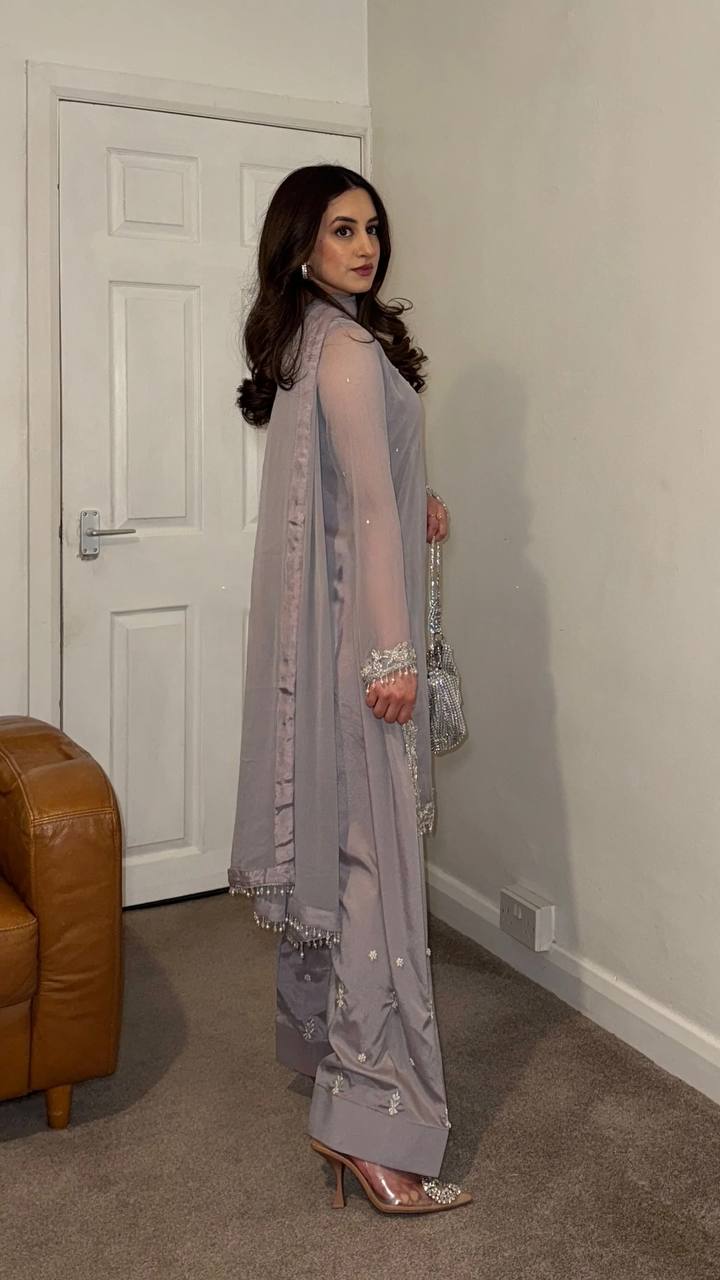 Celebrity Style Grey Color Faux Georgette With Embroidery Work Palazzo Suit